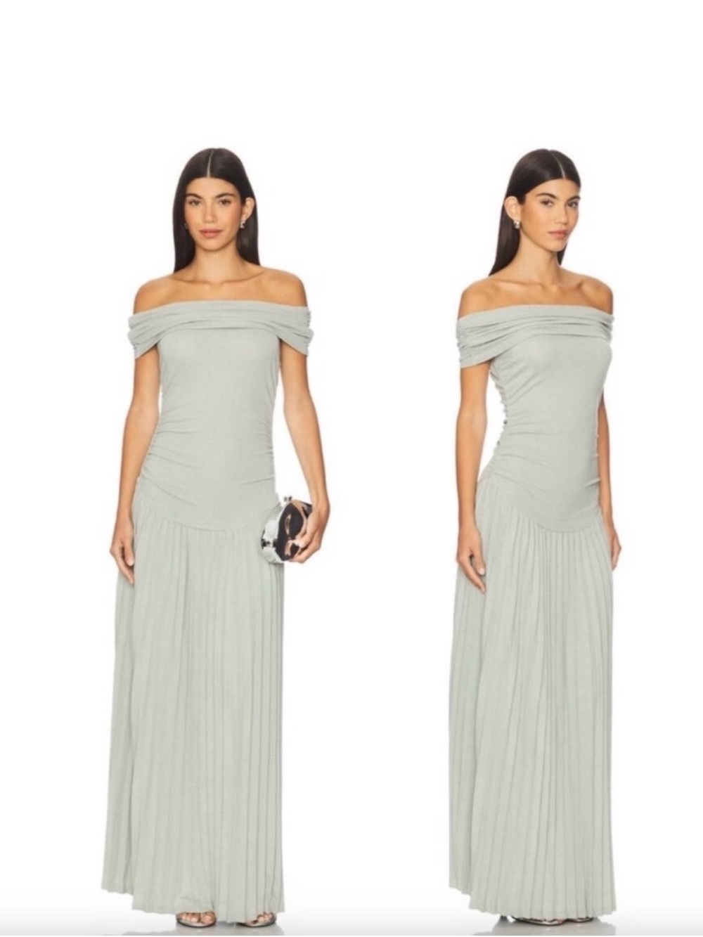 Lioness XS Sage Green Off Shoulder Ruched Drop Waist Pleated Maxi Dress
